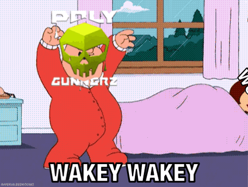 A Cartoon Character Says Wakey Wakey In Front Of A Sleeping Woman GIF
