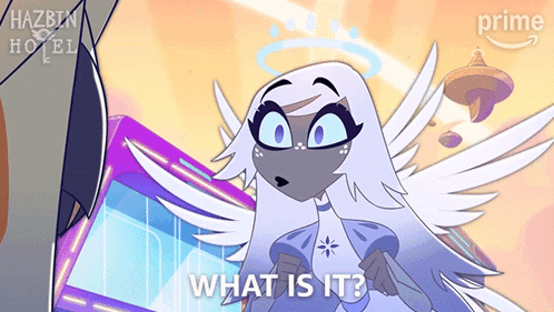 A Cartoon Character Says What Is It In Front Of A Hazblin Hotel Logo GIF