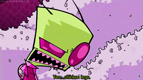 A Cartoon Character Says Yes Chicken Legs In A Purple Background GIF