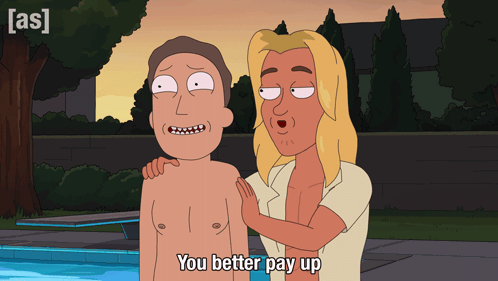 a cartoon character says " you better pay up " while standing next to another character
