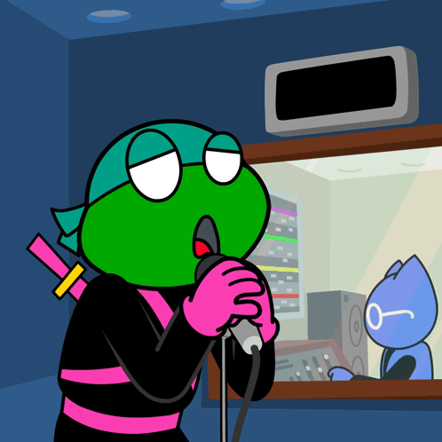 A Cartoon Character Singing Into A Microphone In Front Of A Cat GIF
