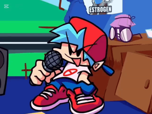 A Cartoon Character Singing Into A Microphone With The Word Estrogen Written On The Wall Behind Him GIF