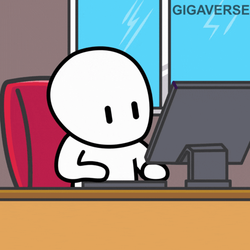 A Cartoon Character Sits At A Desk In Front Of A Computer With Gigaverse Written On The Bottom GIF