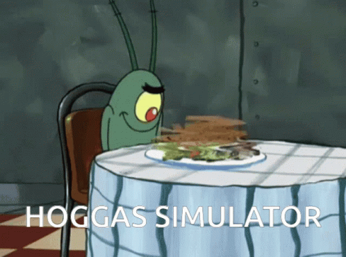 A Cartoon Character Sits At A Table With A Plate Of Food And The Words Hoggas Simulator Below It GIF