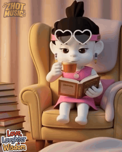 A Cartoon Character Sits In A Chair Reading A Book And Drinking Coffee GIF