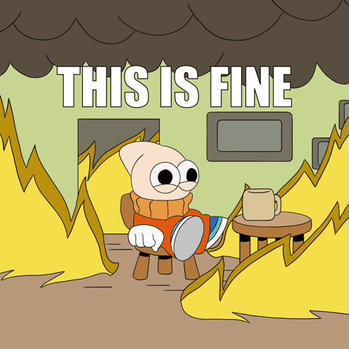 A Cartoon Character Sits In Front Of A Fire With The Words " This Is Fine " On The Bottom GIF