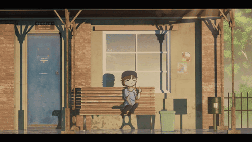 A Cartoon Character Sits On A Bench In Front Of A Building That Says George 'S GIF