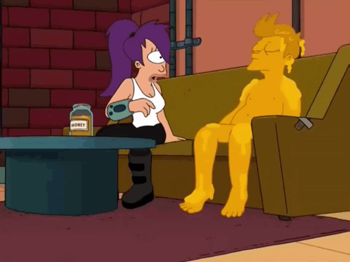 A Cartoon Character Sits On A Couch Next To A Woman And A Jar Of Honey GIF