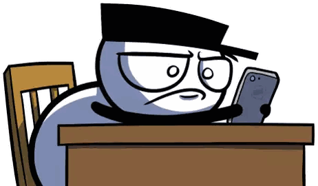 a cartoon character sitting at a table looking at a cell phone