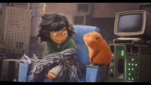 a cartoon character sitting in a chair with a hamster