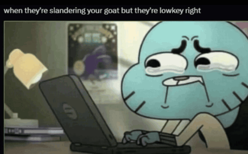 A Cartoon Character Sitting In Front Of A Laptop With The Caption When They 'Re Slandering Your Goat GIF