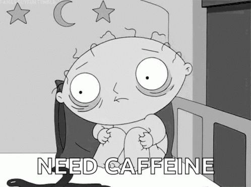 A Cartoon Character Sitting On A Bed With The Words Need Caffeine Written Below Him GIF