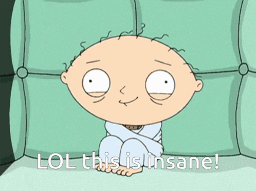 a cartoon character sitting on a couch with the words lol this is insane written below him