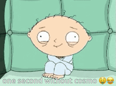 A Cartoon Character Sitting On A Couch With The Words One Second Without Cosmo GIF