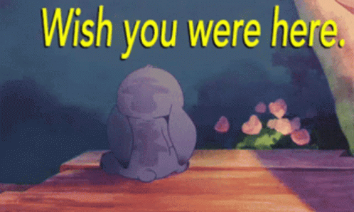 A Cartoon Character Sitting On A Wooden Ledge With The Words Wish You Were Here Above Him GIF