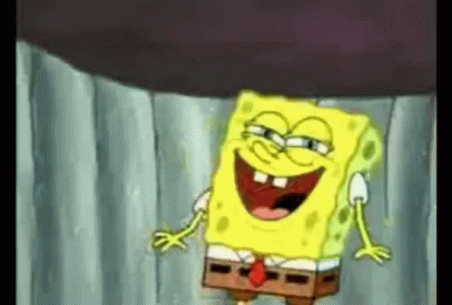 A Cartoon Character , Spongebob Squarepants , Is Laughing While Standing Under A Purple Object . GIF
