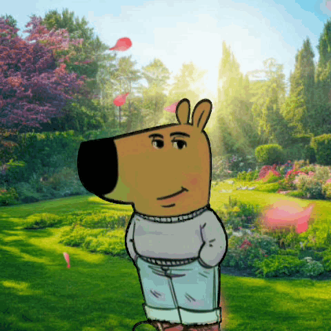 A Cartoon Character Standing In A Garden With Flowers Flying In The Background GIF