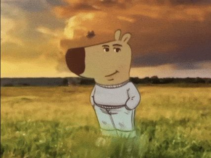 A Cartoon Character Standing In A Grassy Field GIF