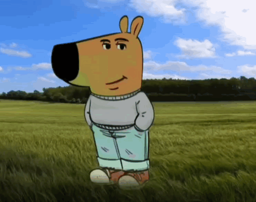 A Cartoon Character Standing In A Grassy Field With His Hands In His Pockets GIF