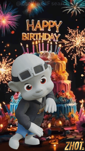 A Cartoon Character Standing In Front Of A Birthday Cake With The Words Happy Birthday Written On It GIF