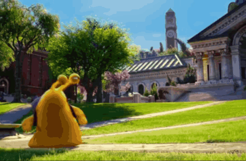 A Cartoon Character Standing In Front Of A Building With A Clock Tower In The Background GIF