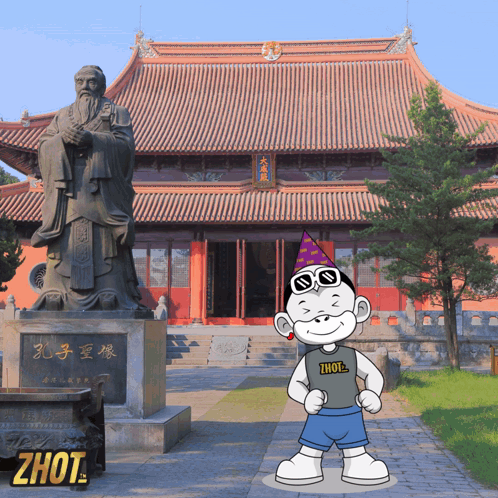 A Cartoon Character Standing In Front Of A Building With The Word Zhou On The Bottom GIF