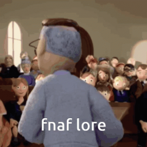 A Cartoon Character Standing In Front Of A Crowd With The Words Fnaf Lore Written On His Back GIF