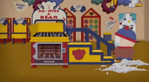 a cartoon character standing in front of a do over a bear machine