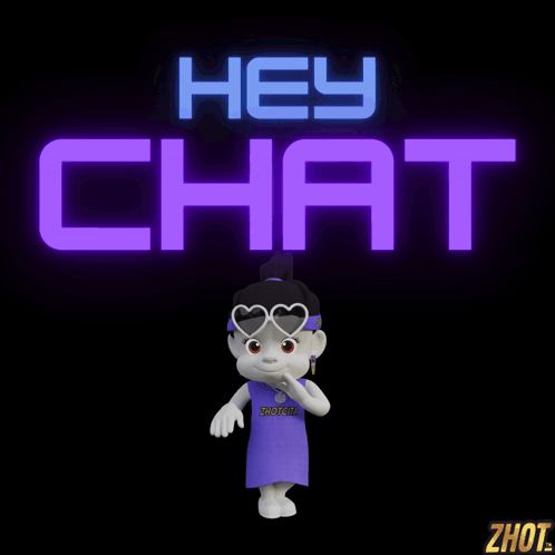 A Cartoon Character Standing In Front Of A Neon Sign That Says Hey Chat GIF