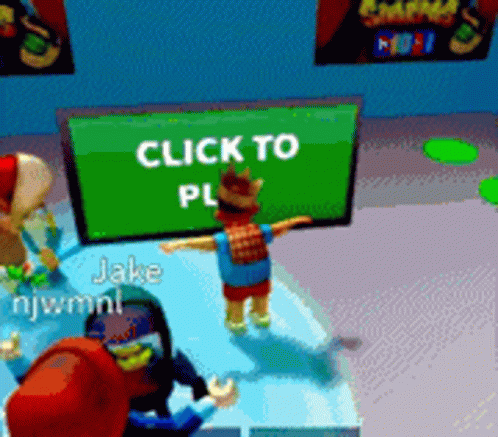 A Cartoon Character Standing In Front Of A Screen That Says Click To Play GIF