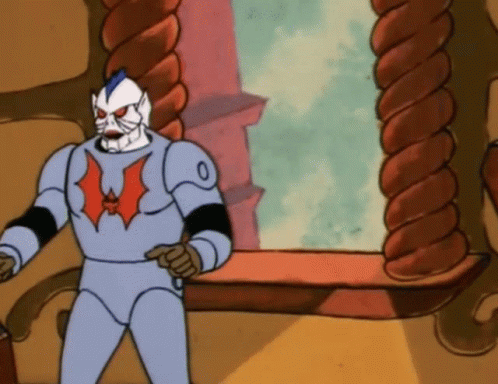 A Cartoon Character Standing In Front Of A Window With A Bat On His Chest GIF