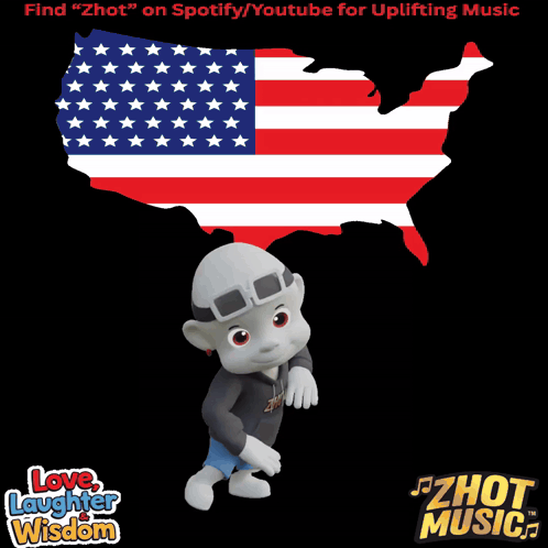 a cartoon character standing in front of an american flag with the words love laughter wisdom below him