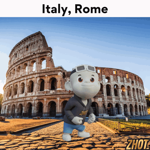 A Cartoon Character Standing In Front Of The Colosseum With The Words Italy Rome Above Him GIF