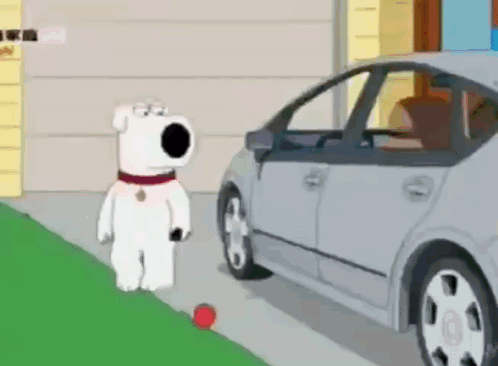 A Cartoon Character Standing Next To A Car With A Ball In Front Of It . GIF