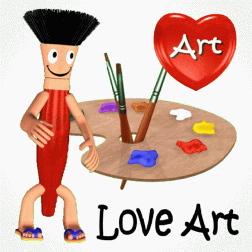 A Cartoon Character Standing Next To A Palette With Brushes And A Red Heart That Says Art GIF
