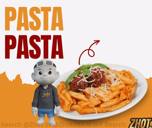 A Cartoon Character Standing Next To A Plate Of Pasta With The Words Pasta Pasta Written Above It GIF