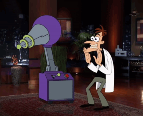 A Cartoon Character Standing Next To A Purple Machine With A Red Button On It GIF