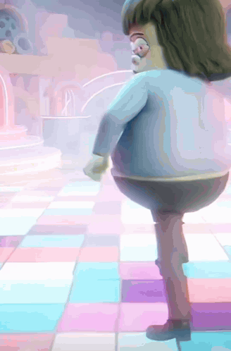 A Cartoon Character Standing On A Colorful Tiled Floor GIF