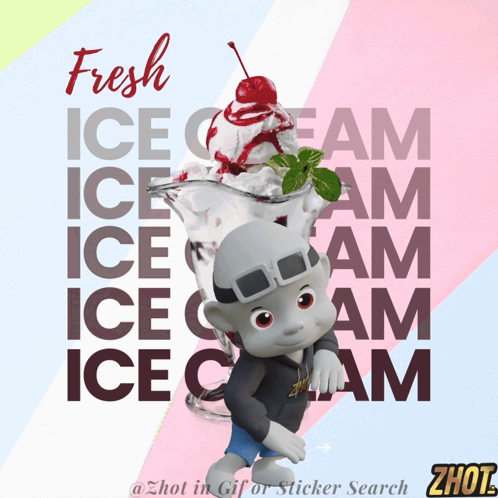 A Cartoon Character Stands In Front Of A Bowl Of Ice Cream With The Words Fresh Ice Cream Behind Him GIF