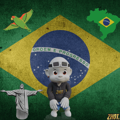 a cartoon character stands in front of a brazilian flag with the words ordem e progresso on it