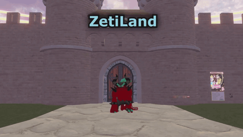 A Cartoon Character Stands In Front Of A Castle With The Name Zetiland Written On It GIF