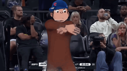 A Cartoon Character Stands In Front Of A Crowd Watching A Basketball Game Between The Chicago Cubs And The San Francisco GIF