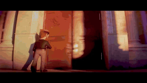 A Cartoon Character Stands In Front Of A Door That Is Open GIF