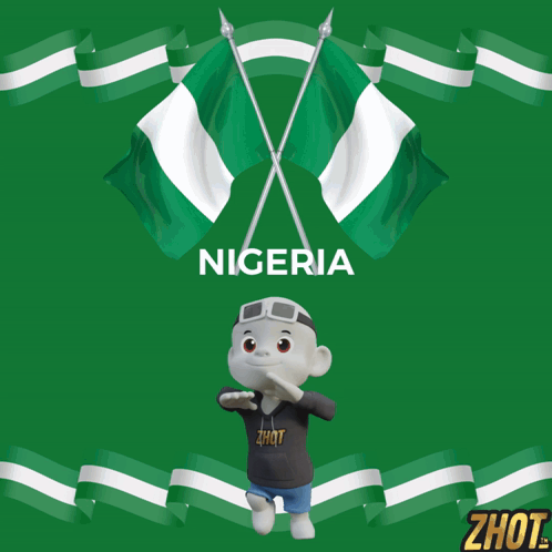 A Cartoon Character Stands In Front Of A Green Background With Flags And The Word Nigeria GIF
