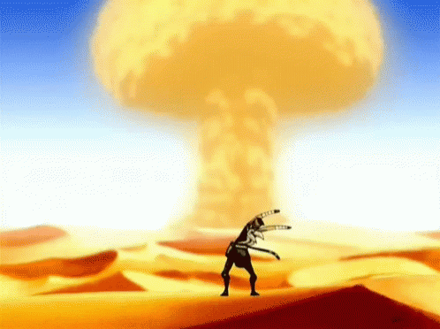 A Cartoon Character Stands In Front Of A Large Explosion In The Desert GIF