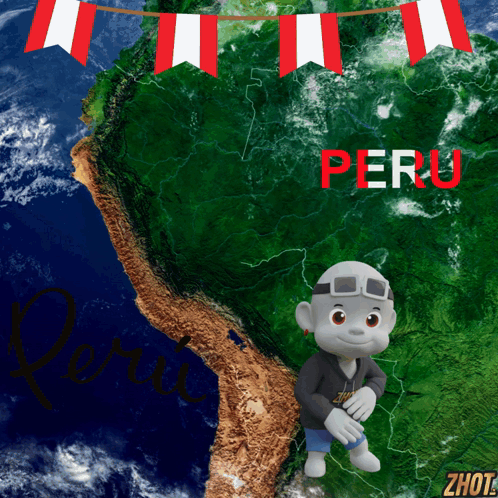 A Cartoon Character Stands In Front Of A Map That Says Peru GIF