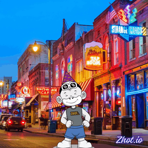 a cartoon character stands in front of a strange candy store
