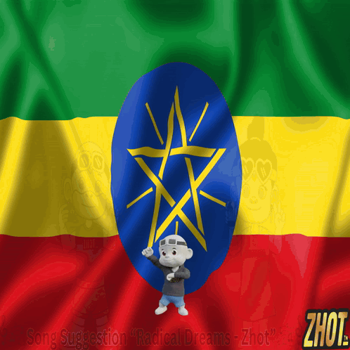 A Cartoon Character Stands In Front Of An Ethiopian Flag With The Word Zhot On The Bottom Right GIF