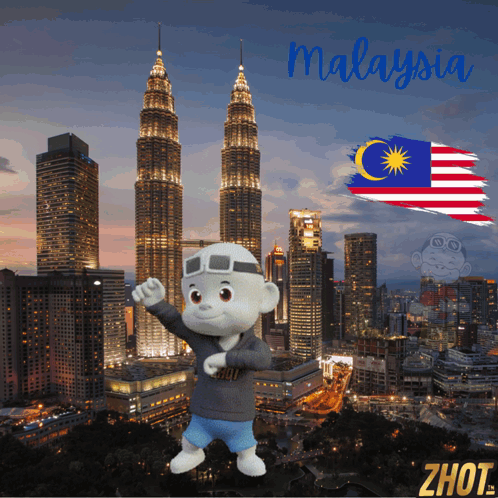 A Cartoon Character Stands In Front Of The Malaysia Flag GIF