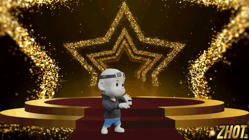 A Cartoon Character Stands On A Stage With A Star In The Background And The Word Zhot On The Bottom GIF